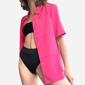 Kathy Che pink patchwork geometric short sleeve button down shirt - size 8